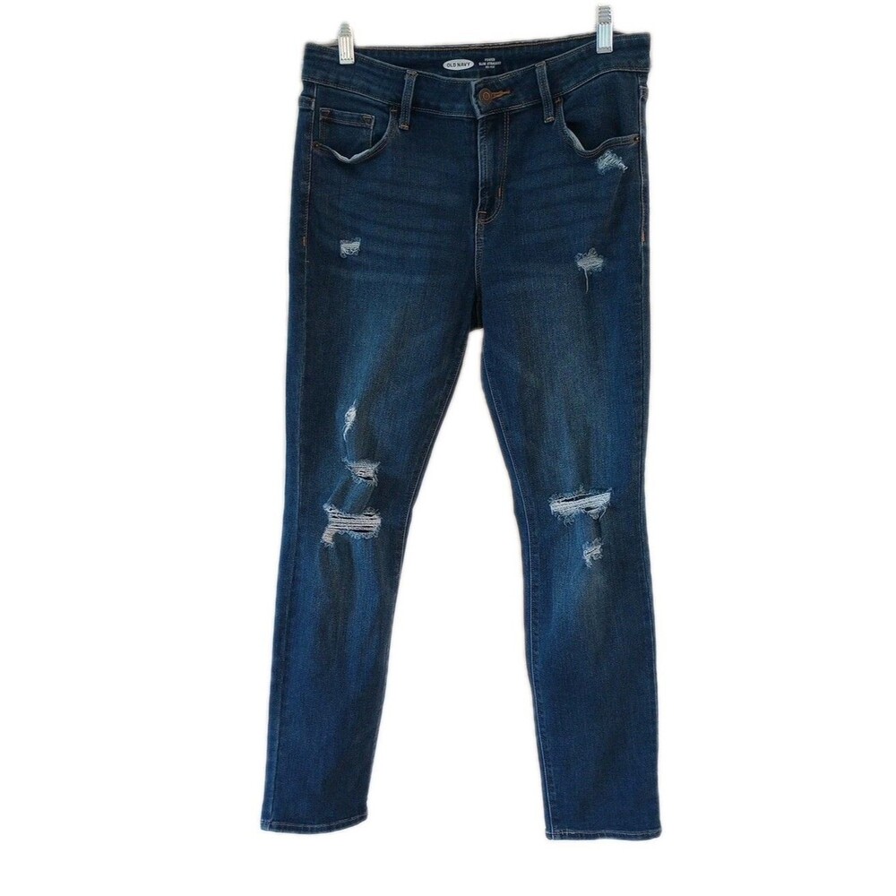 Old Navy Power Straight Denim Jeans Size 6 Mid Rise Blue Medium Wash Distressed